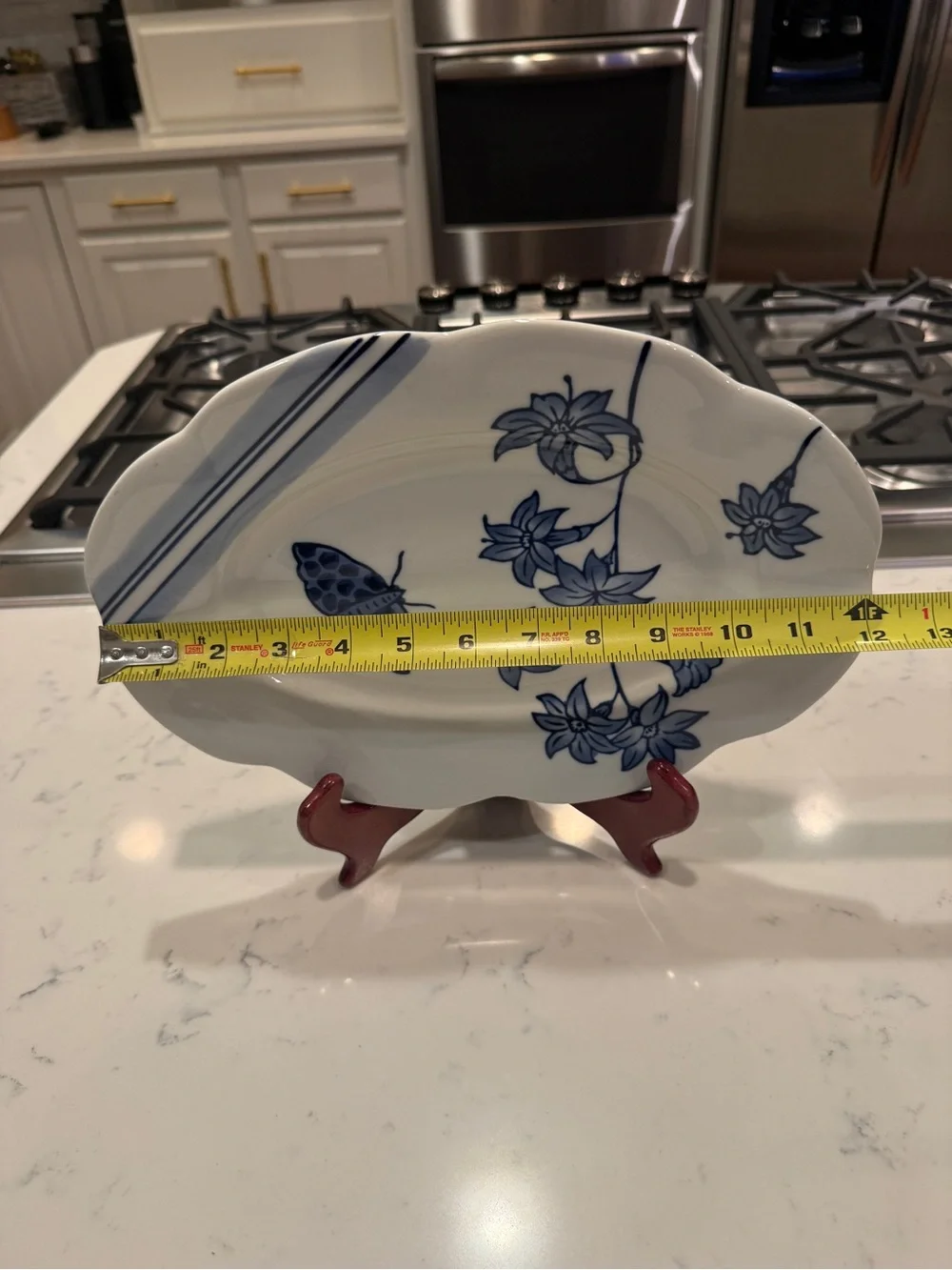 Creative Co-Op Blue & White Botanical Butterfly Oval Serving Platter 12”